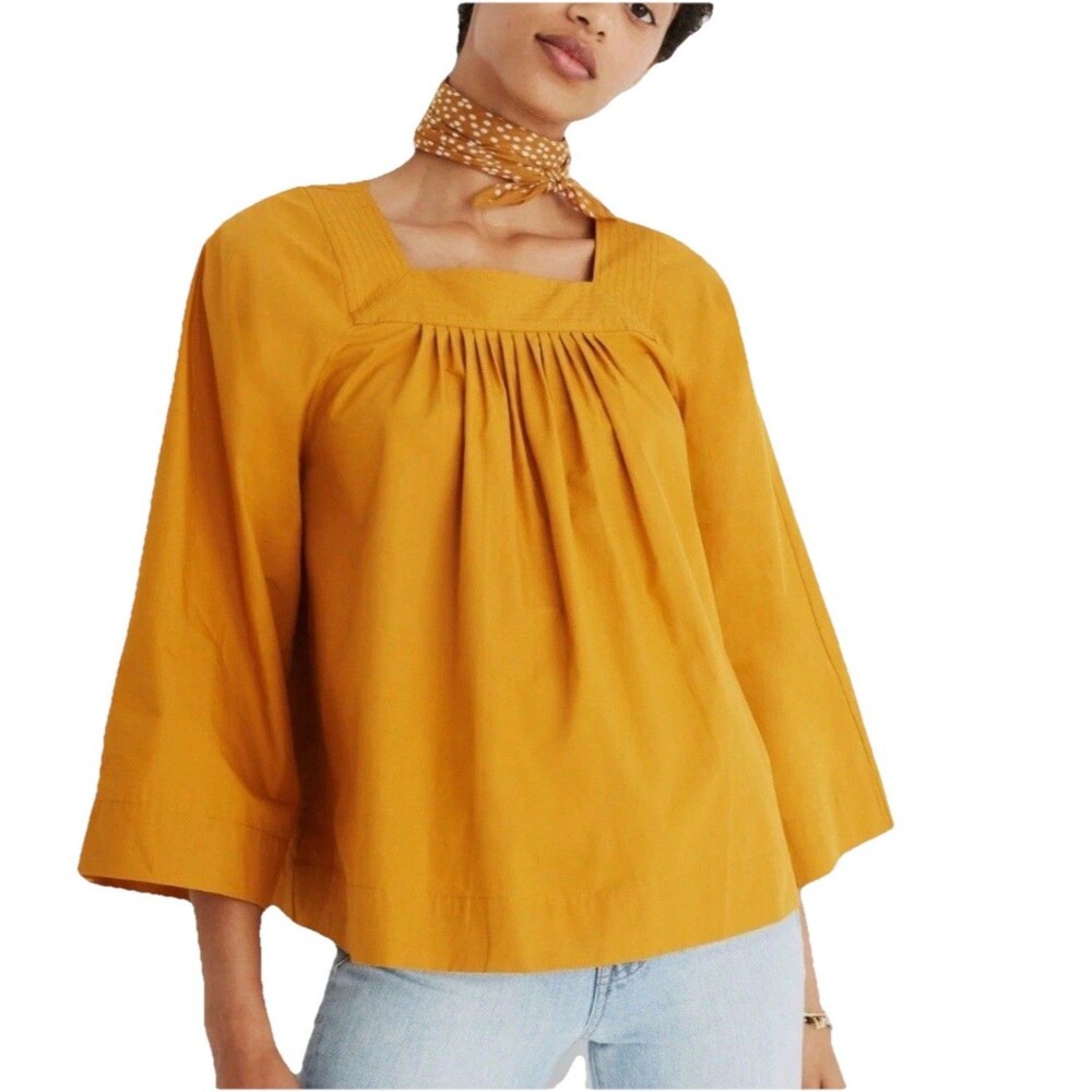 Madewell Shirt Womens Large L Mustard Yellow 3/4 Sleeve Square Neck Blouse Relax